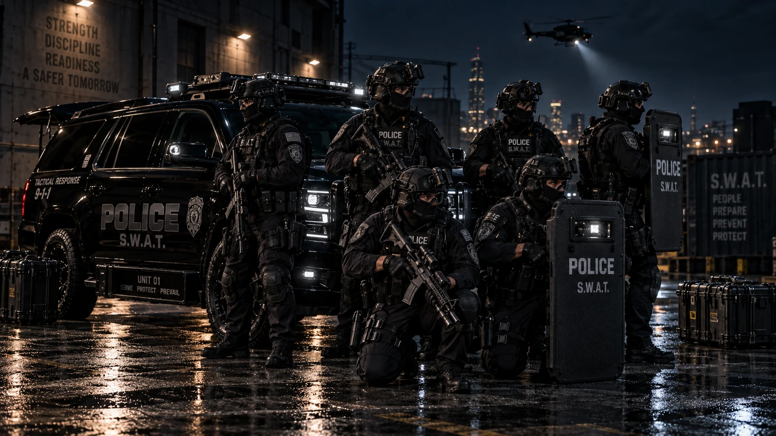Tactical police team and vehicle preparing for a dangerous nighttime operation