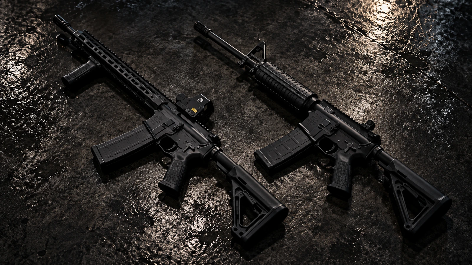 Two AR-style rifles displayed on dark concrete